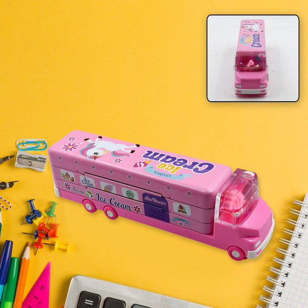 Double Decker Magic Truck Compass Multi Level Metal Truck Compass Pencil Case with Movable Wheels & Sharpener (Mix Design)