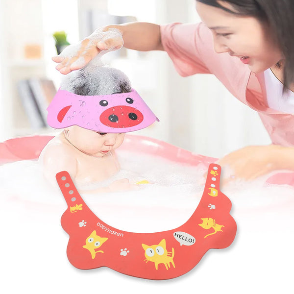 Adjustable silicone baby shower cap, protecting eyes and ears during bath time.