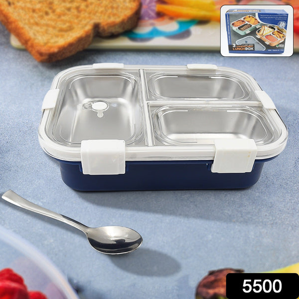 3 Compartment Transparent Stainless Steel Lunch Box for Kids, Tiffin Box, Lunch Box, Lunch Box for Kids, Insulated Lunch Box, Lunch Box for Office Women and Men, Stainless Steel Tiffin Box for Boys, Girls, School Office (Multi Color)