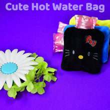 Black hot water bag with Hello Kitty design for menstrual cramps and pain relief